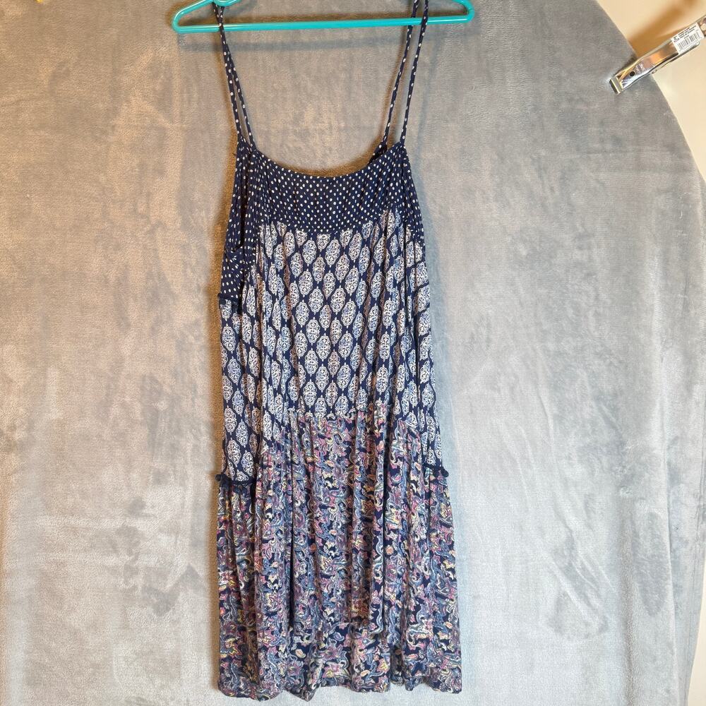 Vanilla Star Boho Sundress Large Navy Paisley Tiered